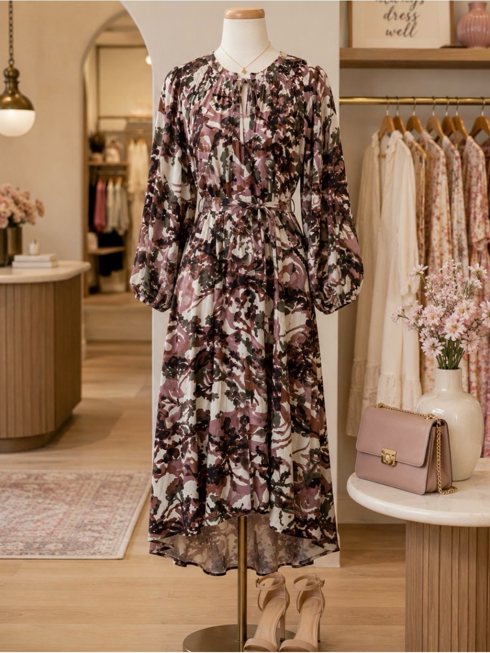 Grade & Gather Abstract Floral Smocked Sleeve Midi Dress Small NWT